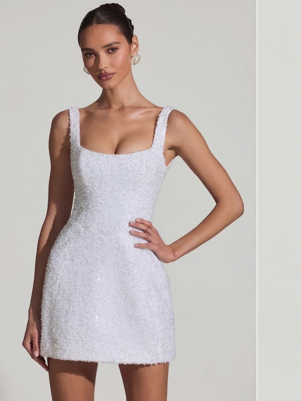 Oh Polly White Beaded Square Neck Mini Dress